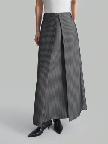 Ontre Grey Pinstripe Pleated Design Minimalist Retro A-Line Skirt For Women, Casual And Collegiate Style, Suitable For & New Year Ontre Grey Pinstripe Pleated Design Minimalist Retro A-Line Skirt For Women, Casual And Collegiate Style, Suitable For & New Year