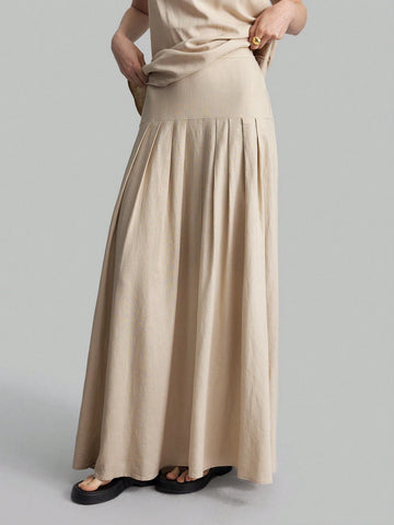 Ontre Women High Waist Pleated Long Skirt, Apricot Color, Autumn Outfit, Suitable For Going Out And Back To School Ontre Women High Waist Pleated Long Skirt, Apricot Color, Autumn Outfit, Suitable For Going Out And Back To School