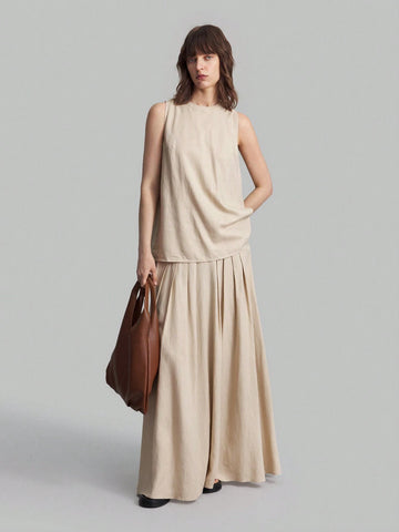 Ontre Women High Waist Pleated Long Skirt, Apricot Color, Autumn Outfit, Suitable For Going Out And Back To School Ontre Women High Waist Pleated Long Skirt, Apricot Color, Autumn Outfit, Suitable For Going Out And Back To School