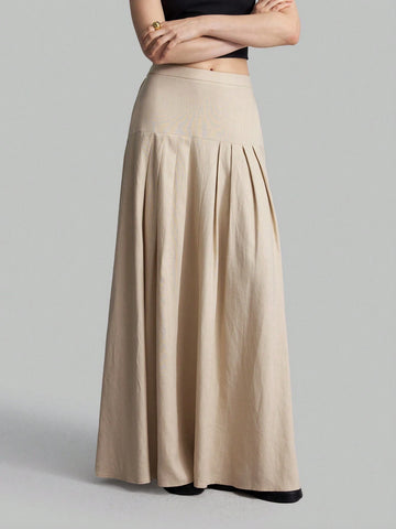 Ontre Women High Waist Pleated Long Skirt, Apricot Color, Autumn Outfit, Suitable For Going Out And Back To School Ontre Women High Waist Pleated Long Skirt, Apricot Color, Autumn Outfit, Suitable For Going Out And Back To School