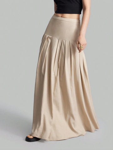 Ontre Women High Waist Pleated Long Skirt, Apricot Color, Autumn Outfit, Suitable For Going Out And Back To School Ontre Women High Waist Pleated Long Skirt, Apricot Color, Autumn Outfit, Suitable For Going Out And Back To School
