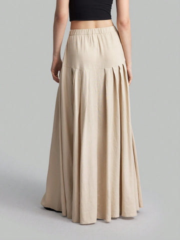 Ontre Women High Waist Pleated Long Skirt, Apricot Color, Autumn Outfit, Suitable For Going Out And Back To School Ontre Women High Waist Pleated Long Skirt, Apricot Color, Autumn Outfit, Suitable For Going Out And Back To School
