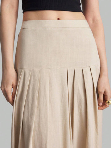 Ontre Women High Waist Pleated Long Skirt, Apricot Color, Autumn Outfit, Suitable For Going Out And Back To School Ontre Women High Waist Pleated Long Skirt, Apricot Color, Autumn Outfit, Suitable For Going Out And Back To School