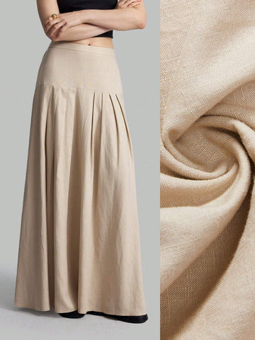 Ontre Women High Waist Pleated Long Skirt, Apricot Color, Autumn Outfit, Suitable For Going Out And Back To School Ontre Women High Waist Pleated Long Skirt, Apricot Color, Autumn Outfit, Suitable For Going Out And Back To School