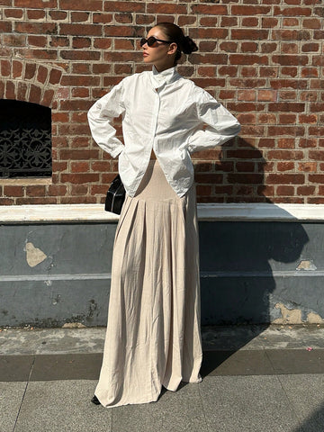 Ontre Women High Waist Pleated Long Skirt, Apricot Color, Autumn Outfit, Suitable For Going Out And Back To School Ontre Women High Waist Pleated Long Skirt, Apricot Color, Autumn Outfit, Suitable For Going Out And Back To School