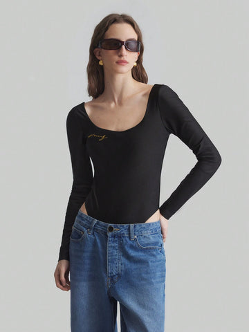 Ontre Women Letter Print Long Sleeve Bodysuit, Casual Autumn Ontre Women Letter Print Long Sleeve Bodysuit, Casual Autumn