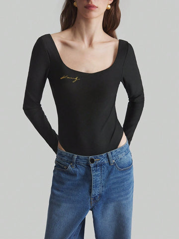 Ontre Women Letter Print Long Sleeve Bodysuit, Casual Autumn Ontre Women Letter Print Long Sleeve Bodysuit, Casual Autumn