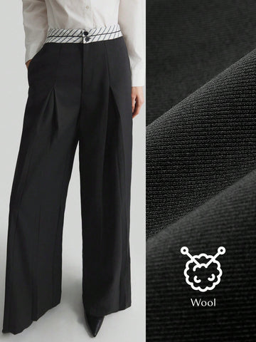 Ontre Women's Black Wide-Leg Pleated High-Waist Trousers With Design Elements, Versatile For Commuting, Flattering Figure, Perfect For Autumn, New Year Party, Elegant Style Ontre Women's Black Wide-Leg Pleated High-Waist Trousers With Design Elements, Versatile For Commuting, Flattering Figure, Perfect For Autumn, New Year Party, Elegant Style