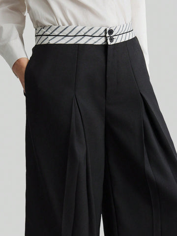 Ontre Women's Black Wide-Leg Pleated High-Waist Trousers With Design Elements, Versatile For Commuting, Flattering Figure, Perfect For Autumn, New Year Party, Elegant Style Ontre Women's Black Wide-Leg Pleated High-Waist Trousers With Design Elements, Versatile For Commuting, Flattering Figure, Perfect For Autumn, New Year Party, Elegant Style