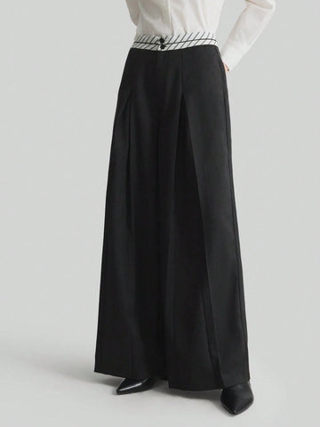 Ontre Women's Black Wide-Leg Pleated High-Waist Trousers With Design Elements, Versatile For Commuting, Flattering Figure, Perfect For Autumn, New Year Party, Elegant Style Ontre Women's Black Wide-Leg Pleated High-Waist Trousers With Design Elements, Versatile For Commuting, Flattering Figure, Perfect For Autumn, New Year Party, Elegant Style