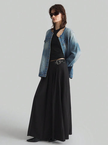 Ontre Women's Elegant Satin & Tweed Patchwork Skirt, Suitable For Office And Casual Urban Wear, Autumn Ontre Women's Elegant Satin & Tweed Patchwork Skirt, Suitable For Office And Casual Urban Wear, Autumn