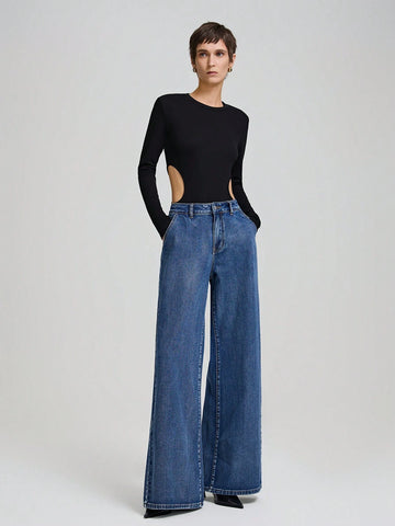 Ontre Women's Sexy Personalised Side Hollow Out Bodysuit, Round Neck Long Sleeve, Form Fitting Ontre Women's Sexy Personalised Side Hollow Out Bodysuit, Round Neck Long Sleeve, Form Fitting