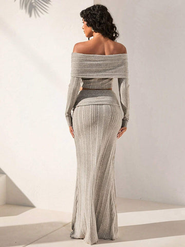 Opulessa 2pcs Set Women Solid Color Knitted Fitted Off-Shoulder Long Sleeve Top & High Waist Fishtail Skirt, Vacation Outfit Opulessa 2pcs Set Women Solid Color Knitted Fitted Off-Shoulder Long Sleeve Top & High Waist Fishtail Skirt, Vacation Outfit