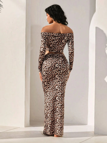 Opulessa Women 1-Shoulder Long Sleeve Cropped Top And Long Leopard Print Skirt 2 Piece Set Opulessa Women 1-Shoulder Long Sleeve Cropped Top And Long Leopard Print Skirt 2 Piece Set