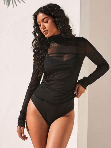 Opulessa Women's Mesh Sheer High Neck Minimalist Bodysuit, Casual Daily Wear Opulessa Women's Mesh Sheer High Neck Minimalist Bodysuit, Casual Daily Wear
