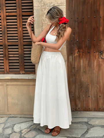 Pariaura Elastic Waist High Waist Solid Color Skater Skirt, Versatile & Slimming A-Line Skirt Pariaura Elastic Waist High Waist Solid Color Skater Skirt, Versatile & Slimming A-Line Skirt