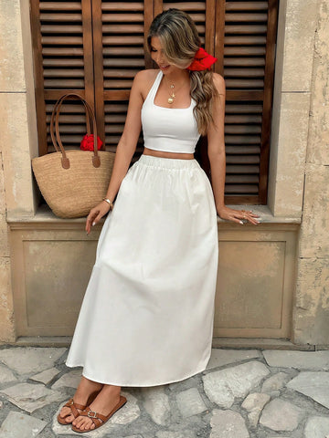 Pariaura Elastic Waist High Waist Solid Color Skater Skirt, Versatile & Slimming A-Line Skirt Pariaura Elastic Waist High Waist Solid Color Skater Skirt, Versatile & Slimming A-Line Skirt