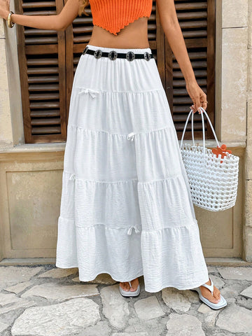 Pariaura Soft And Sweet White Bow-Tie Layered Cake Skirt, High Waist A-Line Long Skirt Pariaura Soft And Sweet White Bow-Tie Layered Cake Skirt, High Waist A-Line Long Skirt