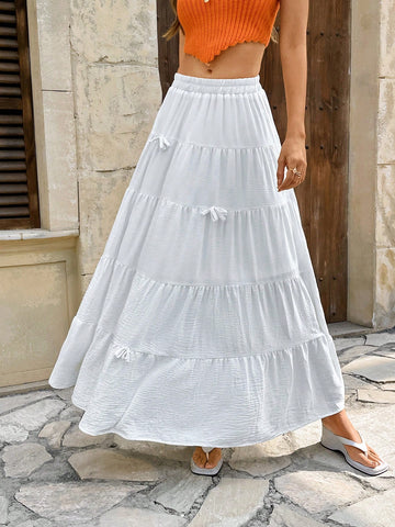 Pariaura Soft And Sweet White Bow-Tie Layered Cake Skirt, High Waist A-Line Long Skirt Pariaura Soft And Sweet White Bow-Tie Layered Cake Skirt, High Waist A-Line Long Skirt