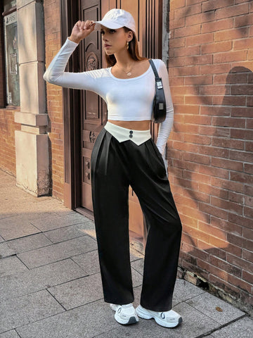 Pariaura Women's Contrast Color Waistband Pleated Pocket Straight Loose Casual Pants Pariaura Women's Contrast Color Waistband Pleated Pocket Straight Loose Casual Pants