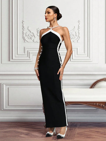 Pearl Decor High Slit Crisscross Halter Bodycon Dress Pearl Decor High Slit Crisscross Halter Bodycon Dress