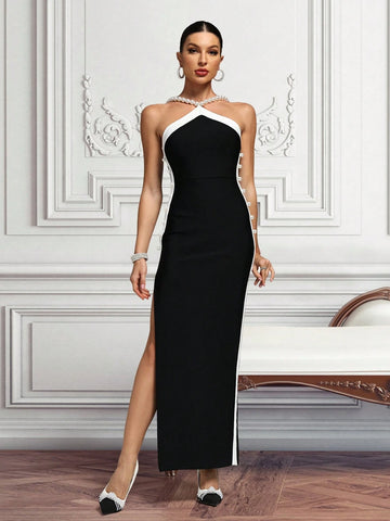 Pearl Decor High Slit Crisscross Halter Bodycon Dress Pearl Decor High Slit Crisscross Halter Bodycon Dress