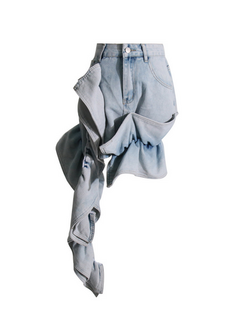 Perdita Patchwork Ruched Ruffle Denim Skirt Perdita Patchwork Ruched Ruffle Denim Skirt