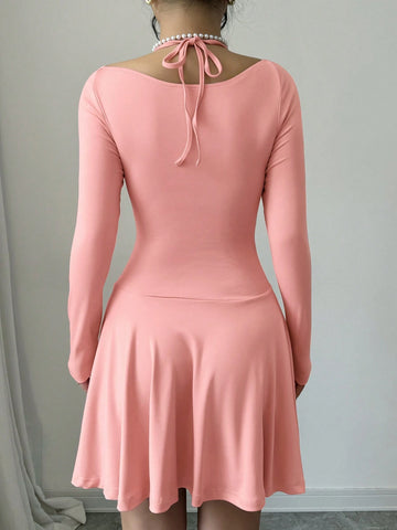 Pink Color Sexy Halter Neck Simple Slim Fit Long Sleeve Ruffle Hem Dress,Internet Celebrity Girl,Daily,Casual And Sexy For Commuting,2024 Autumn And Winter New Women's Clothing, Wedding Event Dress, Elegant Dress Pink Color Sexy Halter Neck Simple Slim Fit Long Sleeve Ruffle Hem Dress,Internet Celebrity Girl,Daily,Casual And Sexy For Commuting,2024 Autumn And Winter New Women's Clothing, Wedding Event Dress, Elegant Dress