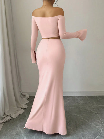 Pink Color Simple Daily Off Shoulder Long Sleeve Top And Mermaid Hem Slim Fit Skirt Two-Piece Set,Casual,Stylish And Elegant,2024 Autumn And Winter New Women's Clothing Pink Color Simple Daily Off Shoulder Long Sleeve Top And Mermaid Hem Slim Fit Skirt Two-Piece Set,Casual,Stylish And Elegant,2024 Autumn And Winter New Women's Clothing
