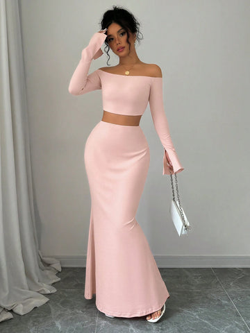 Pink Color Simple Daily Off Shoulder Long Sleeve Top And Mermaid Hem Slim Fit Skirt Two-Piece Set,Casual,Stylish And Elegant,2024 Autumn And Winter New Women's Clothing Pink Color Simple Daily Off Shoulder Long Sleeve Top And Mermaid Hem Slim Fit Skirt Two-Piece Set,Casual,Stylish And Elegant,2024 Autumn And Winter New Women's Clothing