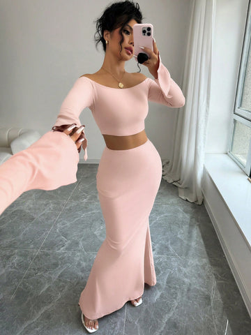 Pink Color Simple Daily Off Shoulder Long Sleeve Top And Mermaid Hem Slim Fit Skirt Two-Piece Set,Casual,Stylish And Elegant,2024 Autumn And Winter New Women's Clothing Pink Color Simple Daily Off Shoulder Long Sleeve Top And Mermaid Hem Slim Fit Skirt Two-Piece Set,Casual,Stylish And Elegant,2024 Autumn And Winter New Women's Clothing