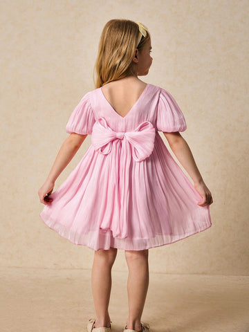Young Girls Elegant Pink Bow-Decorated Dress, Spring/Summer Young Girls Elegant Pink Bow-Decorated Dress, Spring/Summer