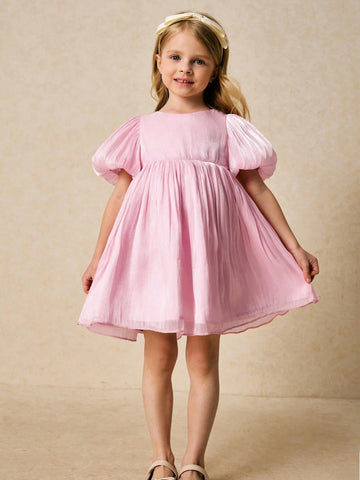 Young Girls Elegant Pink Bow-Decorated Dress, Spring/Summer Young Girls Elegant Pink Bow-Decorated Dress, Spring/Summer