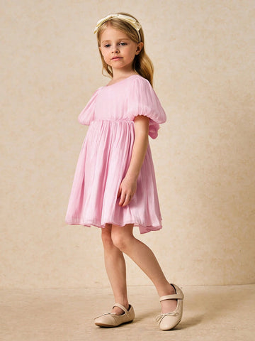 Young Girls Elegant Pink Bow-Decorated Dress, Spring/Summer Young Girls Elegant Pink Bow-Decorated Dress, Spring/Summer