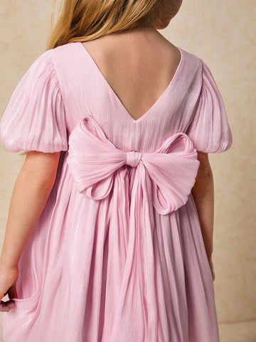 Young Girls Elegant Pink Bow-Decorated Dress, Spring/Summer Young Girls Elegant Pink Bow-Decorated Dress, Spring/Summer
