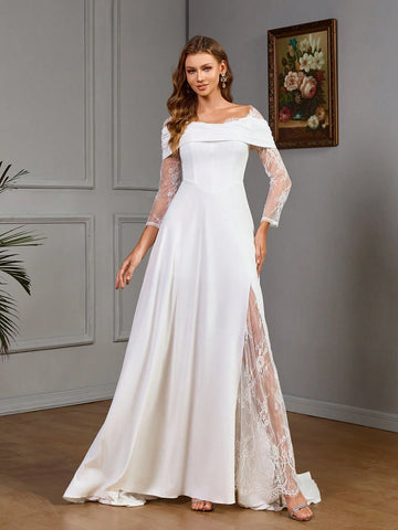 Plain Color Off-Shoulder Long Sleeve Contrast Lace Split Hem Simple & Elegant Wedding Dress Plain Color Off-Shoulder Long Sleeve Contrast Lace Split Hem Simple & Elegant Wedding Dress