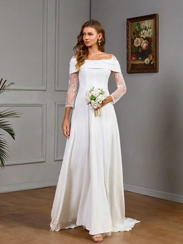 Plain Color Off-Shoulder Long Sleeve Contrast Lace Split Hem Simple & Elegant Wedding Dress Plain Color Off-Shoulder Long Sleeve Contrast Lace Split Hem Simple & Elegant Wedding Dress