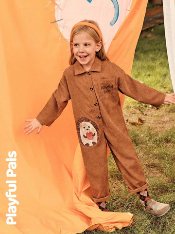 Playful Pals 2024 Young Girl Autumn/Winter Corduroy Jumpsuit With Half-Open Collar, Pocket, English Text & Cute Dog Print, Loose Casual Classic Jumpsuit Playful Pals 2024 Young Girl Autumn/Winter Corduroy Jumpsuit With Half-Open Collar, Pocket, English Text & Cute Dog Print, Loose Casual Classic Jumpsuit