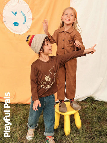 Playful Pals 2024 Young Girl Autumn/Winter Corduroy Jumpsuit With Half-Open Collar, Pocket, English Text & Cute Dog Print, Loose Casual Classic Jumpsuit Playful Pals 2024 Young Girl Autumn/Winter Corduroy Jumpsuit With Half-Open Collar, Pocket, English Text & Cute Dog Print, Loose Casual Classic Jumpsuit