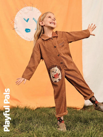 Playful Pals 2024 Young Girl Autumn/Winter Corduroy Jumpsuit With Half-Open Collar, Pocket, English Text & Cute Dog Print, Loose Casual Classic Jumpsuit Playful Pals 2024 Young Girl Autumn/Winter Corduroy Jumpsuit With Half-Open Collar, Pocket, English Text & Cute Dog Print, Loose Casual Classic Jumpsuit
