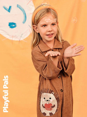 Playful Pals 2024 Young Girl Autumn/Winter Corduroy Jumpsuit With Half-Open Collar, Pocket, English Text & Cute Dog Print, Loose Casual Classic Jumpsuit Playful Pals 2024 Young Girl Autumn/Winter Corduroy Jumpsuit With Half-Open Collar, Pocket, English Text & Cute Dog Print, Loose Casual Classic Jumpsuit