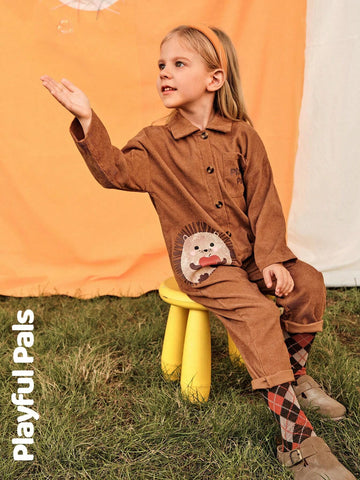 Playful Pals 2024 Young Girl Autumn/Winter Corduroy Jumpsuit With Half-Open Collar, Pocket, English Text & Cute Dog Print, Loose Casual Classic Jumpsuit Playful Pals 2024 Young Girl Autumn/Winter Corduroy Jumpsuit With Half-Open Collar, Pocket, English Text & Cute Dog Print, Loose Casual Classic Jumpsuit