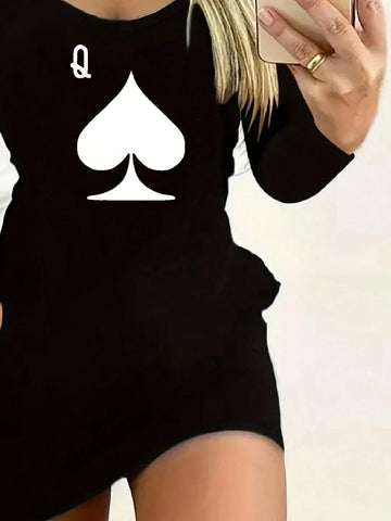 Playing Card Printed Fitted Long Sleeve Summer Dress, Women Clothing Playing Card Printed Fitted Long Sleeve Summer Dress, Women Clothing