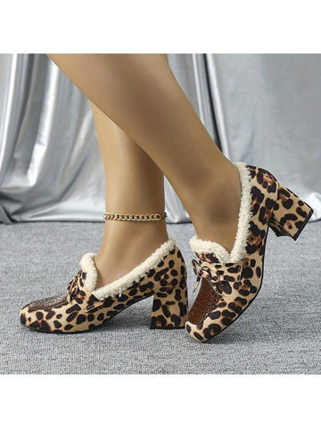Plus Size Women Square Toe Leopard Print Chunky Heel Mary Jane Flats, Winter Plus Size Women Square Toe Leopard Print Chunky Heel Mary Jane Flats, Winter
