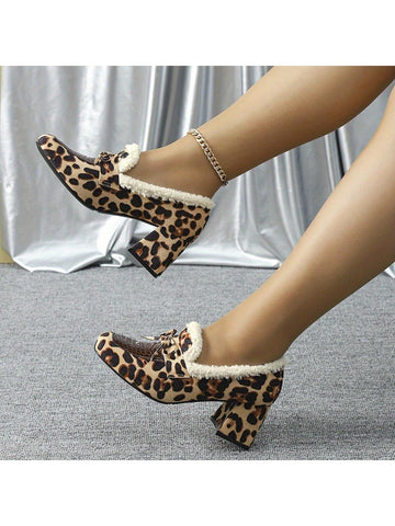 Plus Size Women Square Toe Leopard Print Chunky Heel Mary Jane Flats, Winter Plus Size Women Square Toe Leopard Print Chunky Heel Mary Jane Flats, Winter