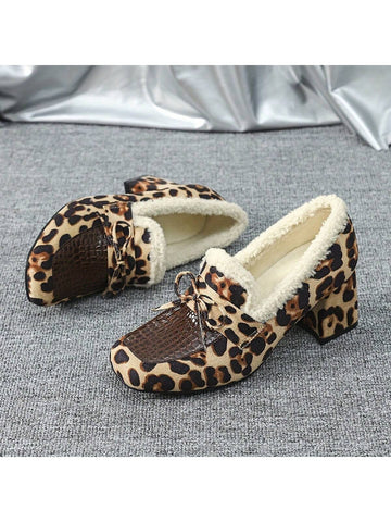Plus Size Women Square Toe Leopard Print Chunky Heel Mary Jane Flats, Winter Plus Size Women Square Toe Leopard Print Chunky Heel Mary Jane Flats, Winter