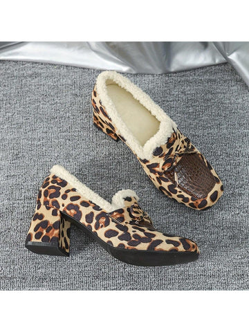 Plus Size Women Square Toe Leopard Print Chunky Heel Mary Jane Flats, Winter Plus Size Women Square Toe Leopard Print Chunky Heel Mary Jane Flats, Winter