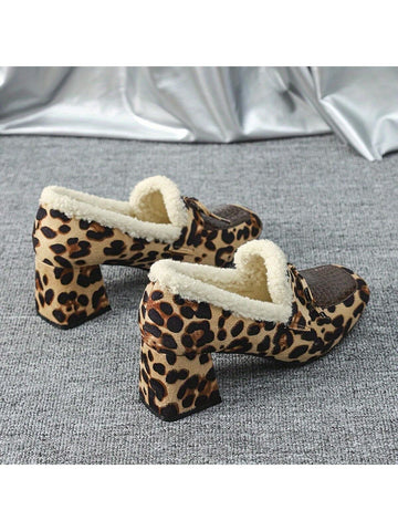 Plus Size Women Square Toe Leopard Print Chunky Heel Mary Jane Flats, Winter Plus Size Women Square Toe Leopard Print Chunky Heel Mary Jane Flats, Winter