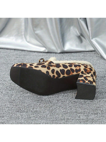 Plus Size Women Square Toe Leopard Print Chunky Heel Mary Jane Flats, Winter Plus Size Women Square Toe Leopard Print Chunky Heel Mary Jane Flats, Winter