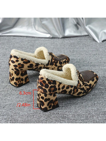 Plus Size Women Square Toe Leopard Print Chunky Heel Mary Jane Flats, Winter Plus Size Women Square Toe Leopard Print Chunky Heel Mary Jane Flats, Winter